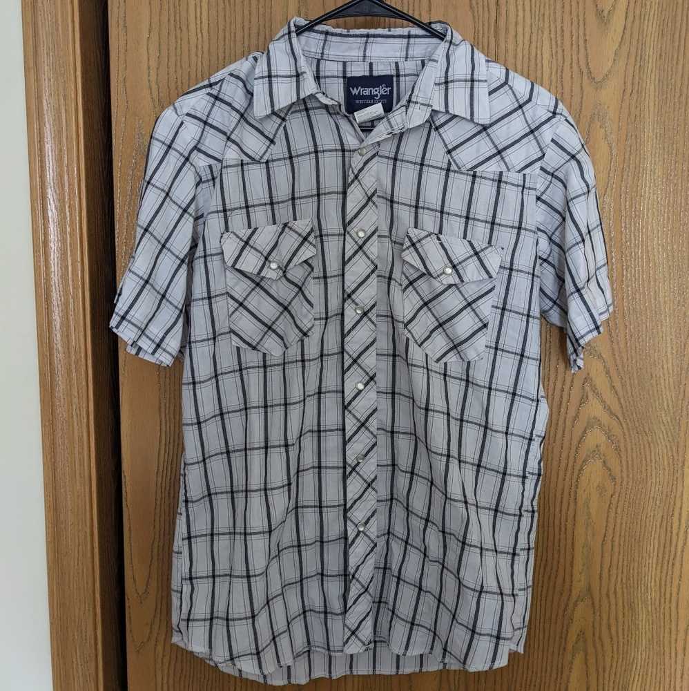 White and Black Short-Sleeved Button Front Shirt